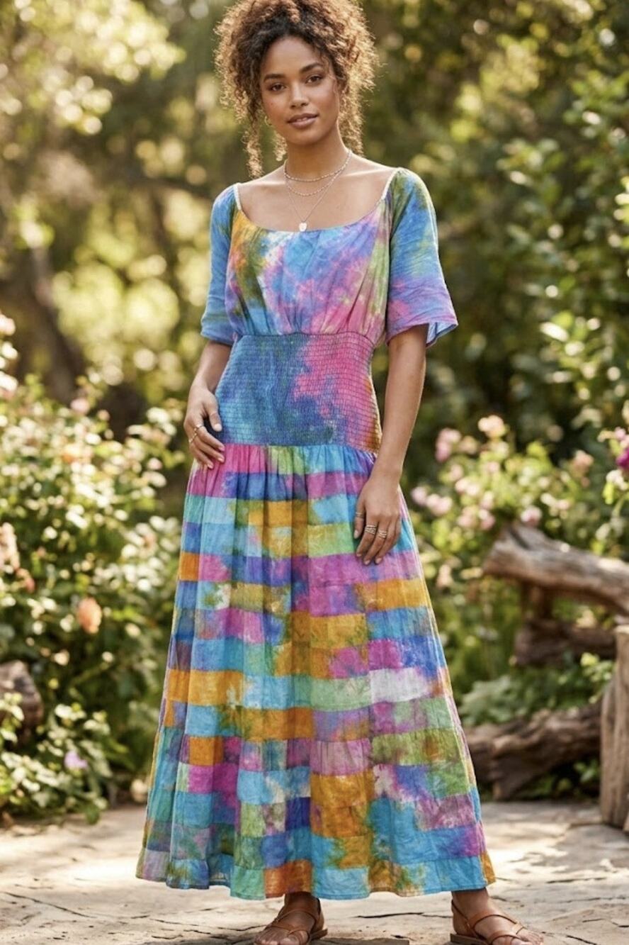 The Pyramid Collection Tie Dye Maxi Dress Womens 3X Cotton Boho Smocked Tiered⁠